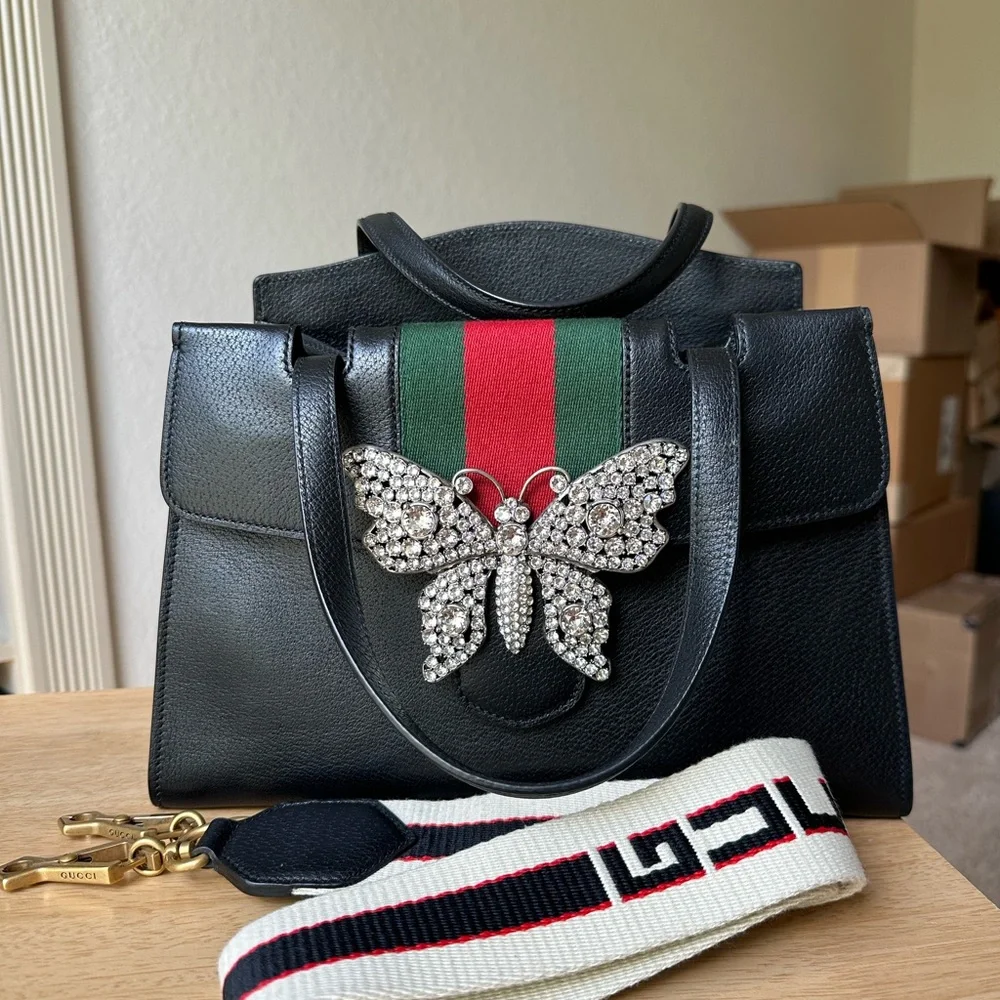 Gucci Black Leather Satchel with Crystal Butterfly - Picture 1 of 15